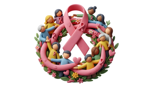 3D illustration of diverse people holding hands forming a circle with a large pink ribbon in the center symbolizing breast cancer awareness and support
