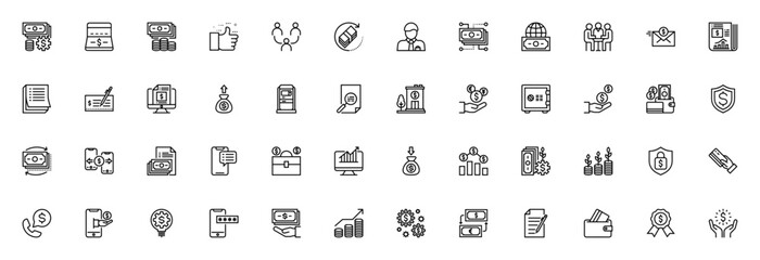 Financial icon set. Business and banking vector icon. Minimalist line symbols or bank, ATM, analysis, chrt, contract, payment and ore. Editable stroke illusration.