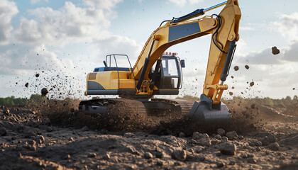 Fototapeta premium A powerful yellow excavator diligently digs into the earth, kicking up soil against a bright blue sky, showcasing construction.