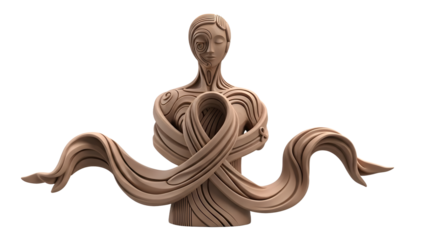 Abstract wooden sculpture of a woman with flowing ribbons, artistic handmade design, perfect for art exhibitions and creative projects