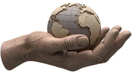 Hand holding a detailed wooden globe showing continents and grid lines, symbolizing global connection and sustainability