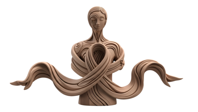 Abstract wooden sculpture of a woman with flowing ribbons, artistic handmade design, perfect for art exhibitions and creative projects