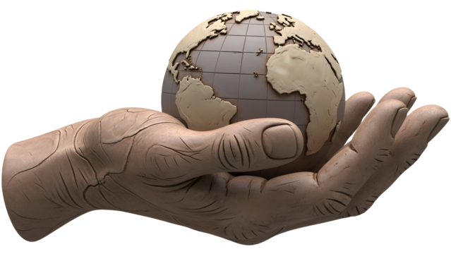 Hand holding a detailed wooden globe showing continents and grid lines, symbolizing global connection and sustainability