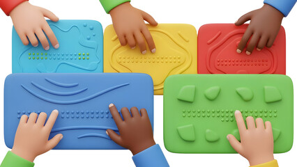 Multicultural hands interacting with colorful braille learning devices, inclusive education concept, perfect for accessibility and disability awareness