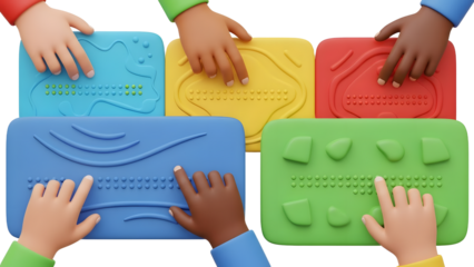 Multicultural hands interacting with colorful braille learning devices, inclusive education concept, perfect for accessibility and disability awareness