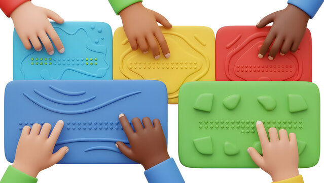 Multicultural hands interacting with colorful braille learning devices, inclusive education concept, perfect for accessibility and disability awareness