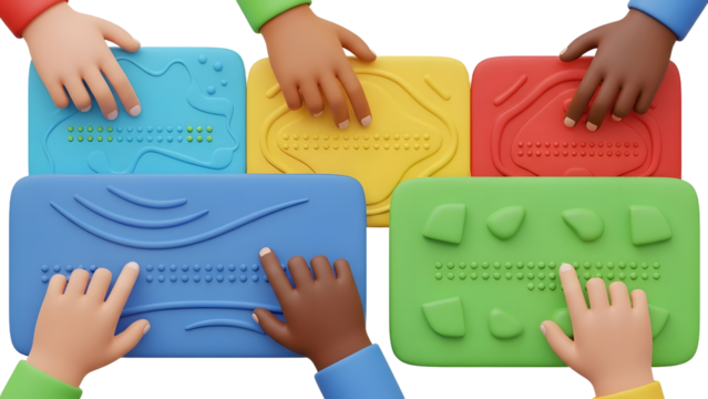 Multicultural hands interacting with colorful braille learning devices, inclusive education concept, perfect for accessibility and disability awareness
