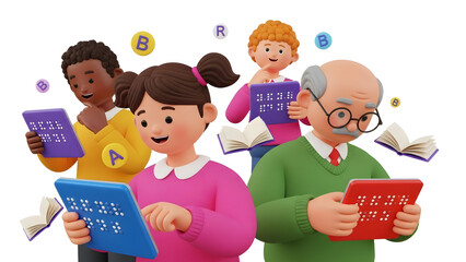 3D illustration of diverse group reading braille books, visually impaired people learning and reading, inclusive education concept, perfect for accessibility campaigns