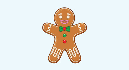 Obraz premium Classic smiling gingerbread man cookie decorated with icing, a festive bow tie, and colorful candy buttons for the holidays.