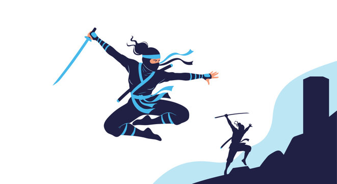 Dynamic female ninja warrior leaping through the air with two swords while another ninja scales a cliff in the background.
