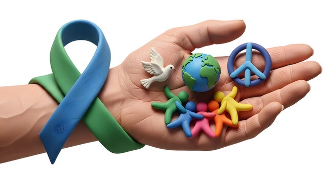 Hand holding peace symbols including a dove, globe, and human figures with a blue and green awareness ribbon wrapping the wrist, representing unity and global harmony