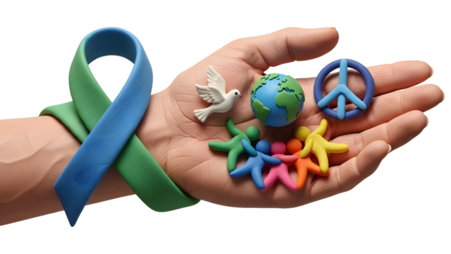 Hand holding peace symbols including a dove, globe, and human figures with a blue and green awareness ribbon wrapping the wrist, representing unity and global harmony