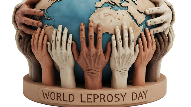 Hands of diverse people holding a globe Earth sculpture with World Leprosy Day inscription, symbolizing unity and global awareness for health causes, perfect for social campaigns