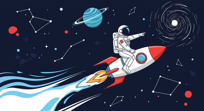 Adventurous astronaut riding a rocket ship through outer space, pointing towards a galaxy amidst planets and constellations.