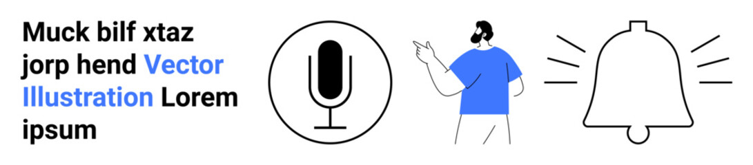 Communication tools, audio features, notifications, sound alerts, digital technology, user interaction. Includes microphone, notification bell icon and a man gesturing. Communication