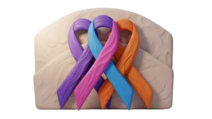 Colorful awareness ribbons purple, pink, blue, and orange on a beige background symbolizing support and solidarity, perfect for health and charity campaigns