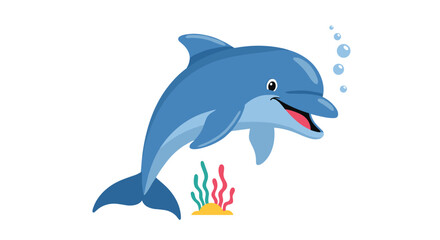 Fototapeta premium Cheerful blue dolphin character jumping out of the water with a happy expression, surrounded by bubbles and colorful seaweed.