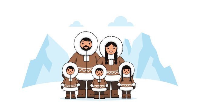 Happy Inuit family of five wearing traditional fur-lined parkas and standing together in a snowy arctic landscape with mountains.