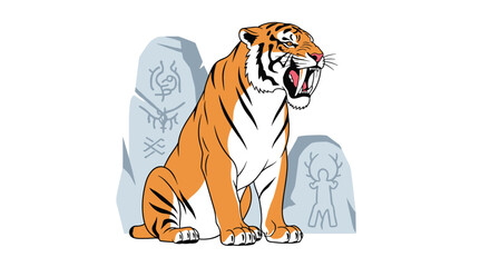 Powerful saber-toothed tiger roaring fiercely while sitting in front of ancient stones with primitive cave painting symbols.