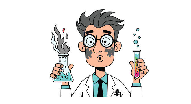 Cartoon scientist with messy hair and a shocked expression after a chemical experiment exploded, holding two lab flasks.