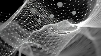 Abstract digital network grid with luminous nodes and futuristic wave forms on black background - Powered by Adobe