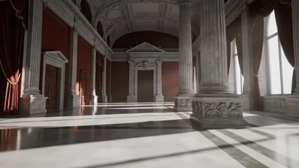 Grand Hallway with Ornate Columns and Sunlight Streaming Through Windows.