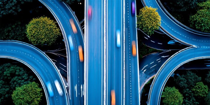 Aerial view of a busy highway interchange at night with blurred cars and trees