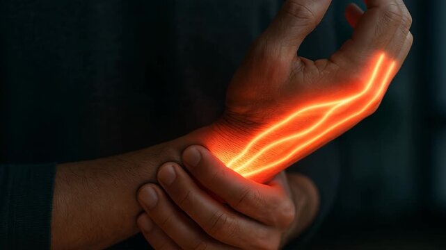 A person firmly grasps a painful forearm glowing with bright orange nerve pathways, illustrating neuropathic pain in the wrist and hand against a dark clinical background.
