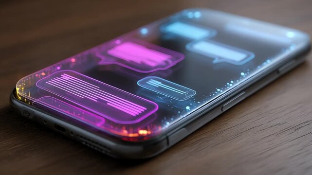 Smart Messaging in Focus: A sleek smartphone showcases a futuristic, transparent display of dynamic message bubbles, highlighting the evolution of digital communication.
