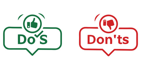 Do's and don'ts icon. to do and not to do symbol for guidelines and rules list.Dos and donts like thumbs up or down. Like or dislike index finger sign. Thumb up and thumb down sign - stock vector