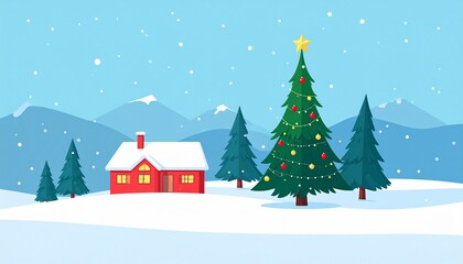 Naklejka premium Flat vector Christmas postcard scene with big decorated tree and snow