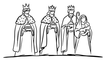 Three kings bringing gifts to Virgin Mary and baby Jesus vector line art drawing of biblical nativity scene isolated on white background