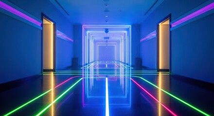 Illuminated corridor with symmetrical geometric neon lights and reflective floor futuristic