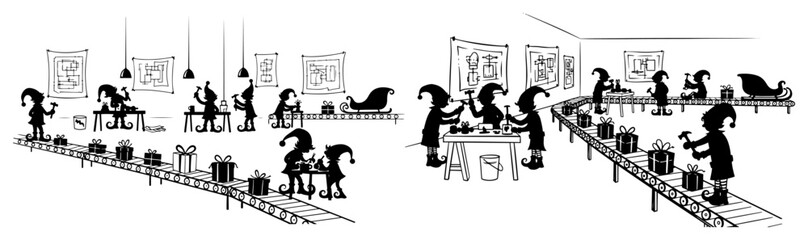 Christmas elves working in Santa workshop vector illustration black and white silhouette of toy factory with conveyor belt and gifts