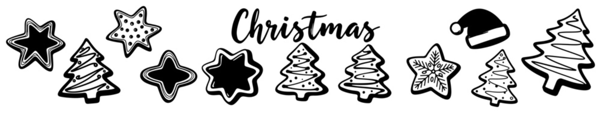 Christmas gingerbread cookies border with text and Santa hat vector illustration horizontal holiday decoration banner with stars and trees