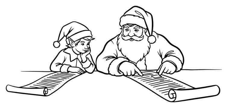 Santa Claus and elf checking naughty or nice list on paper scroll together outline vector illustration