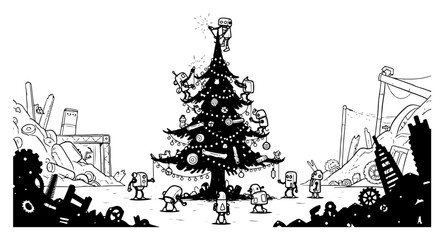 Obraz premium Small robots decorating Christmas tree in junkyard vector illustration sci-fi holiday scene with scrap metal and waste sketch style