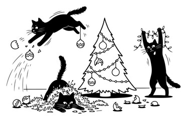 Funny naughty black cats destroying Christmas tree and breaking ornaments silhouette vector illustration