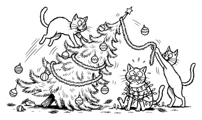 Funny cats climbing and knocking over Christmas tree causing chaos outline vector illustration