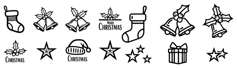 Set of Christmas icons including bells stockings stars and gifts black outline vector illustration