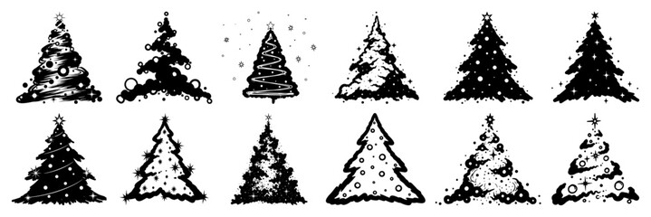 Collection of decorative stylized Christmas tree silhouettes and icons black shapes vector illustration