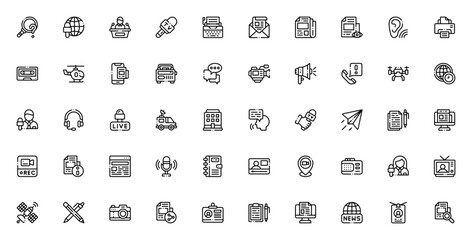 News and Journal icon set. Vector illustration. Incldes symbols for news, jouralist, microphone, camera,interview, report, broadcating, media and more.