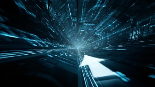 Navigating the Digital Frontier: An illuminating arrow guides the path through an abstract digital tunnel, symbolizing progress, innovation, and technological advancement.
