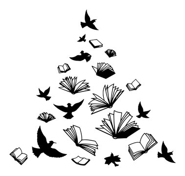 Abstract christmas tree silhouette made of flying birds and open books vector illustration black and white educational concept