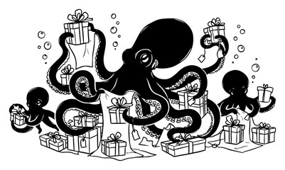 Funny octopus holding many Christmas gift boxes with tentacles underwater vector illustration