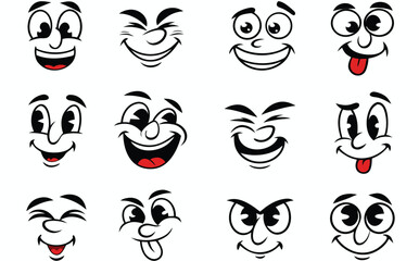 Happy faces expressions. Funny mouthed and eyes emotions, face sketch cartoon caricatures joy design elements kit. collection of cartoon faces with different expressions isolated on white background

