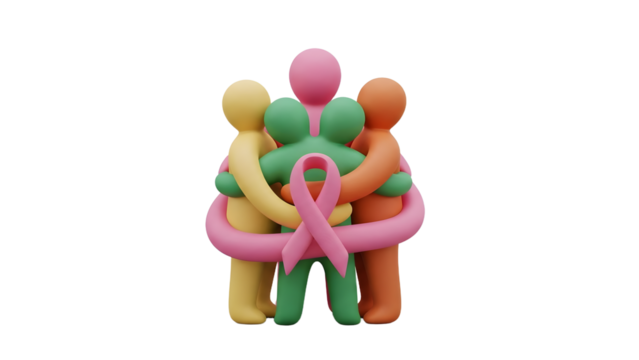 3D illustration of colorful humanoid figures hugging with a pink ribbon symbolizing breast cancer awareness and support