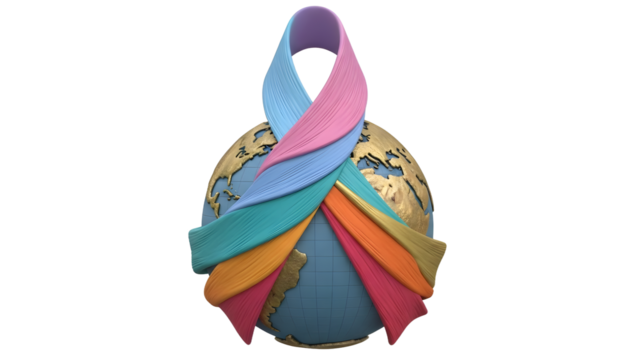 Colorful awareness ribbons wrapped around a globe symbolizing global unity and support for multiple causes, perfect for charity and advocacy campaigns