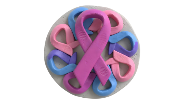 Pink and blue awareness ribbons arranged in a circular pattern on a white background, symbolizing health causes and support