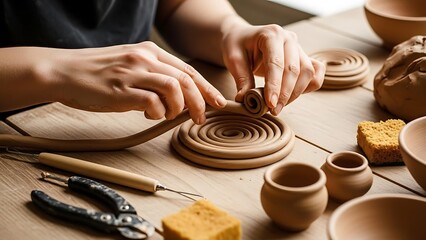 Intricate pottery art crafting process with focused hand-forming detail